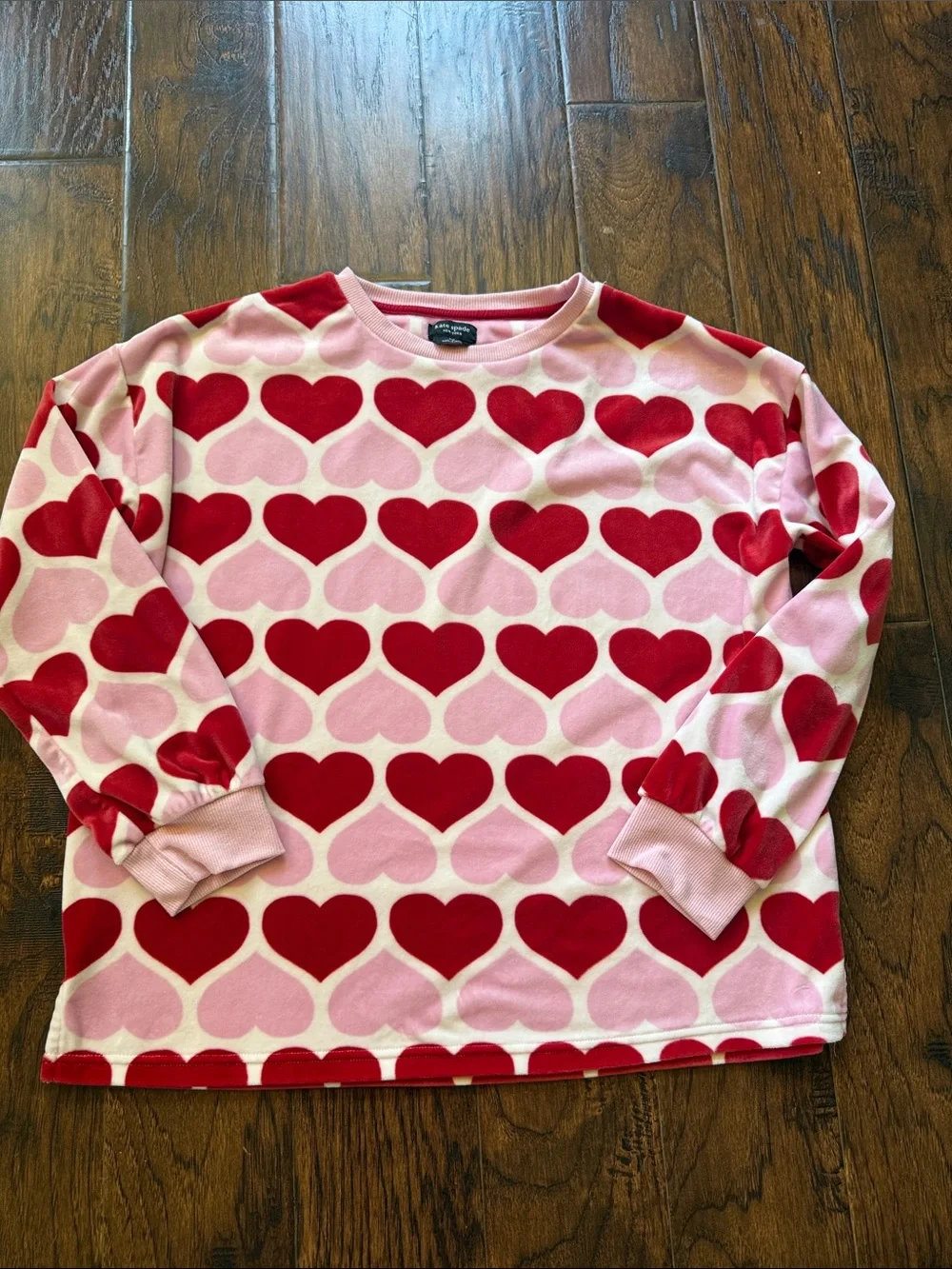 Kate Spade Pink & Red Heart Print Velour Pajama Set, size small
